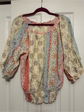 Les Amis Boho Floral Peasant Top in Cream, Pink & Blue. Large